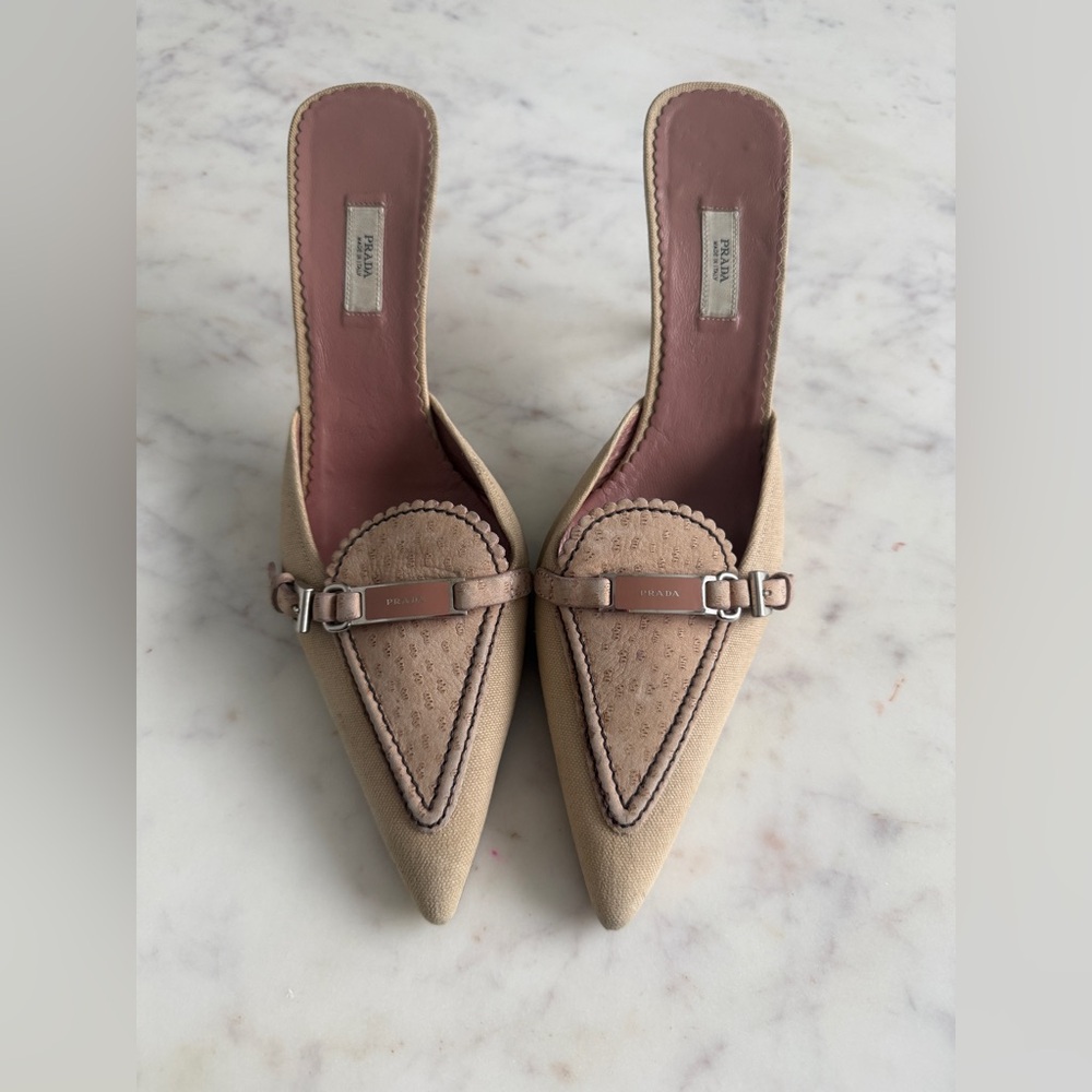 Prada Beige Pointed-Toe Buckle Mules